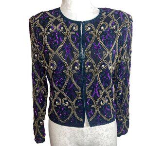 Laurence Kazar Vintage Womens Jacket Size Small Black Sequin Beaded Pure Silk